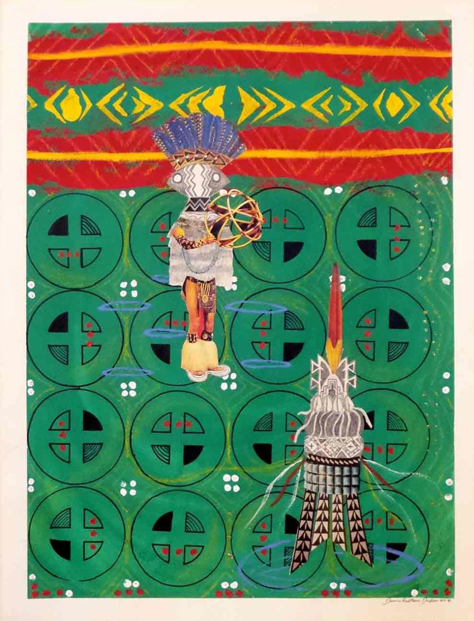 People wearing traditional masks are pasted onto a green tapestry-like image of patterned black spheres with patterns that repeat and change in a clockwise pattern. The top of the image includes red and yellow horizontal patterns
