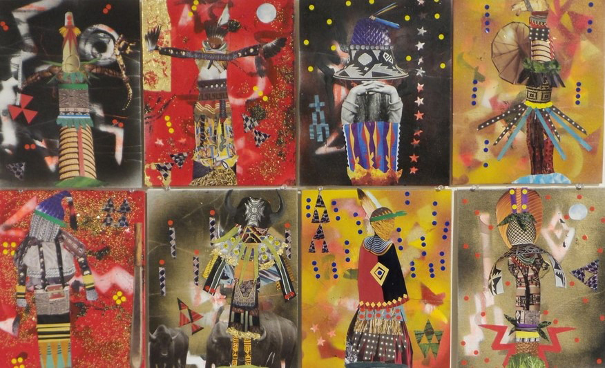 Eight panels on a colorful, each panel show a figure dressed in traditional wear with headdresses and masks