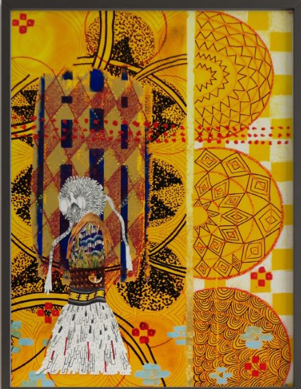 A figure drawn against a yellow background of black rectangles and triangles and half circles with zig zag patterns, triangular shapes, and half loops