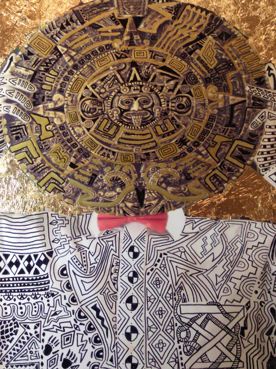 A figure with patterned drawings with a medallion head