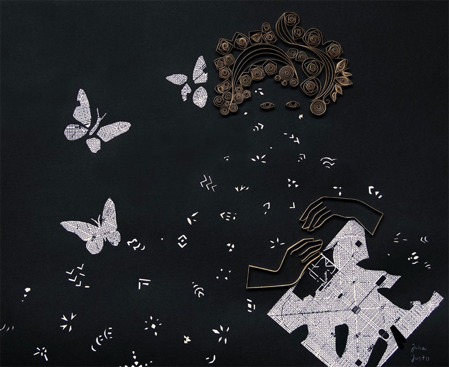 A figure among three butterflies is formed from white markings with brown wiring that form hair, eyes, and hands against a black background. The hands hold a square, white object that's chipped away