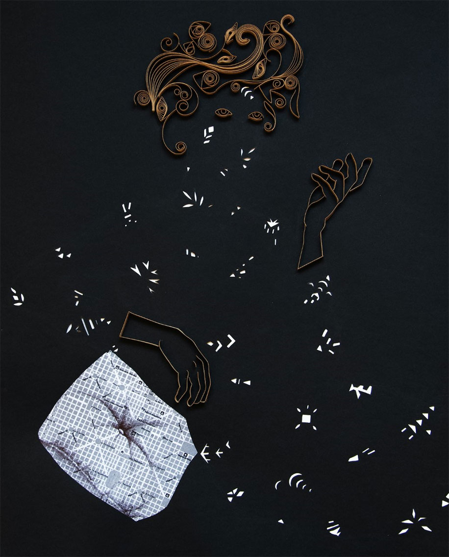 A figure of an individual made of white patterns of leaves, arrows, and other patterns and brown wiring that forms hair, eyes, and hands against a black background. There is also a cushion on which the figure leans.