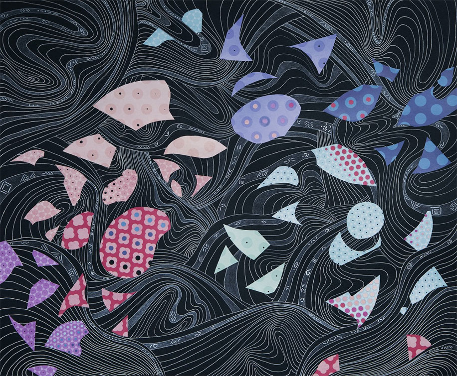 Pieces of patterned shapes against a black background with white swirls