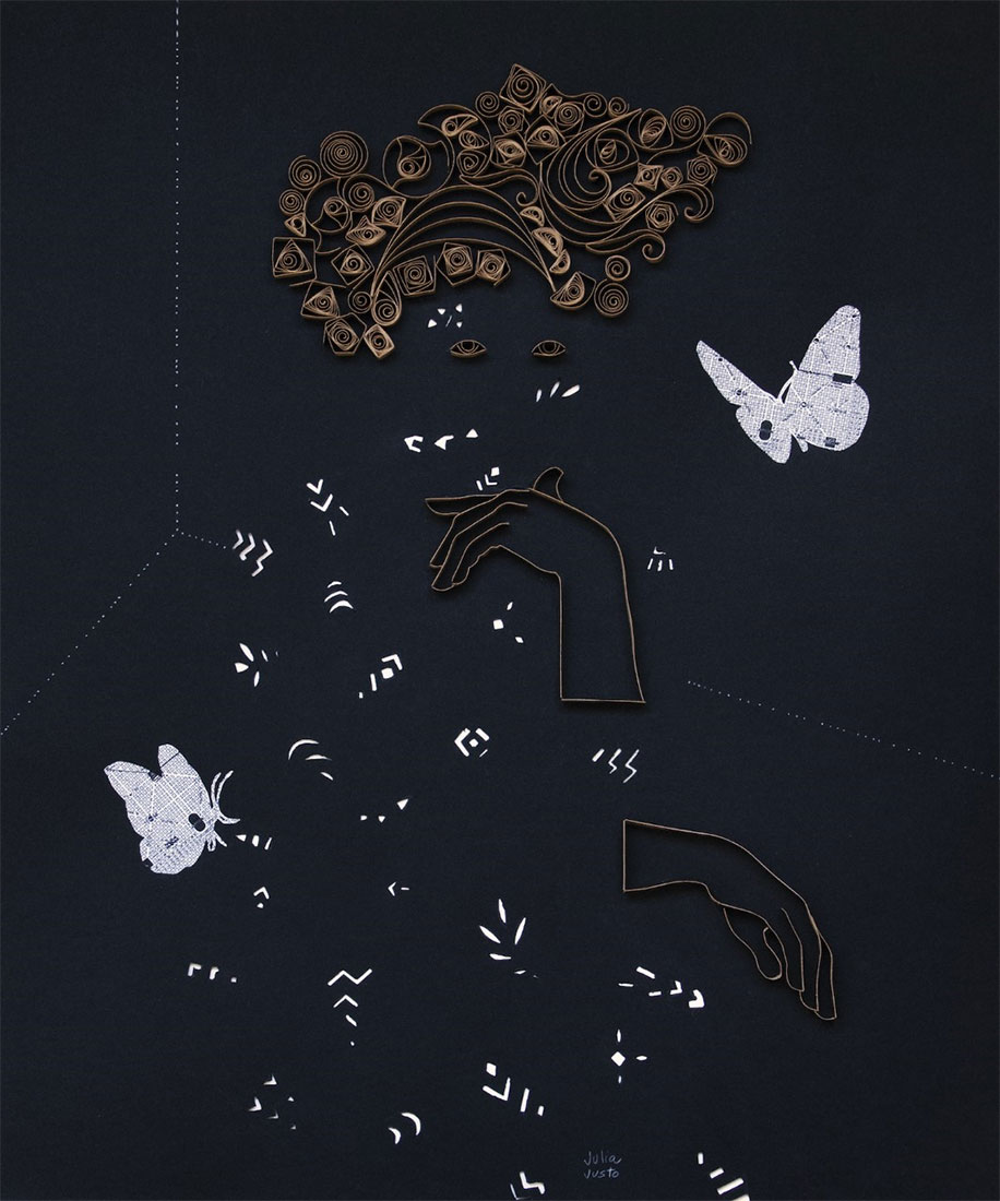 A figure formed from patterns of leaves, arrows, and other markings with brown thread that form eyes, hair, and hands as if in a thinking position. The figure is sitting in a corner among two monarch butterflies, all against a black background