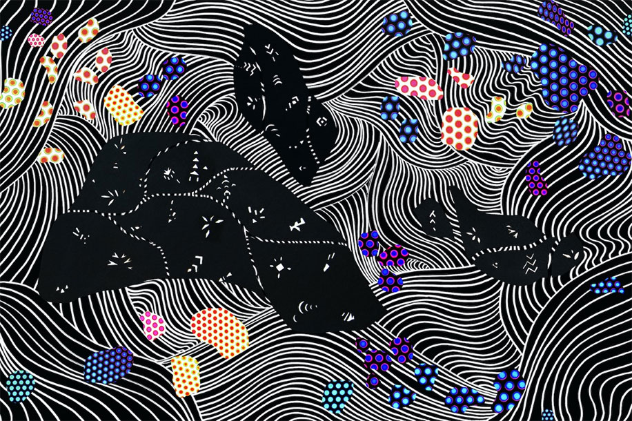 Polka dot patterns, swirls, and markings against a black background