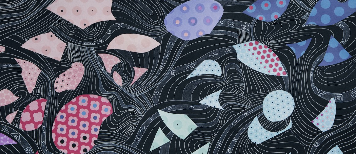patterned shapes against a black background with white loops and swirls