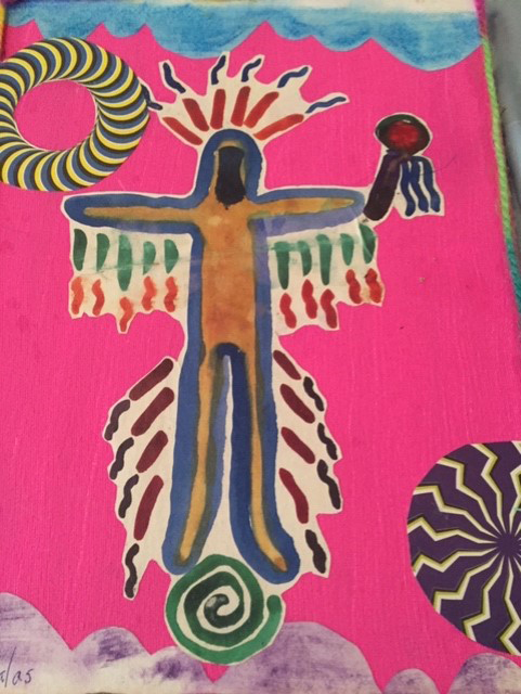 figurative image of a shaman dances against a pink background with blue cloud like figures above