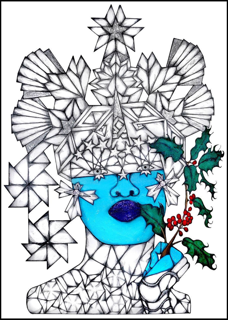 Drawing of a sky blue face with navy blue lips and a hold holding hollies and red berries. The head is decorated with geometric shapes and topped by a star
