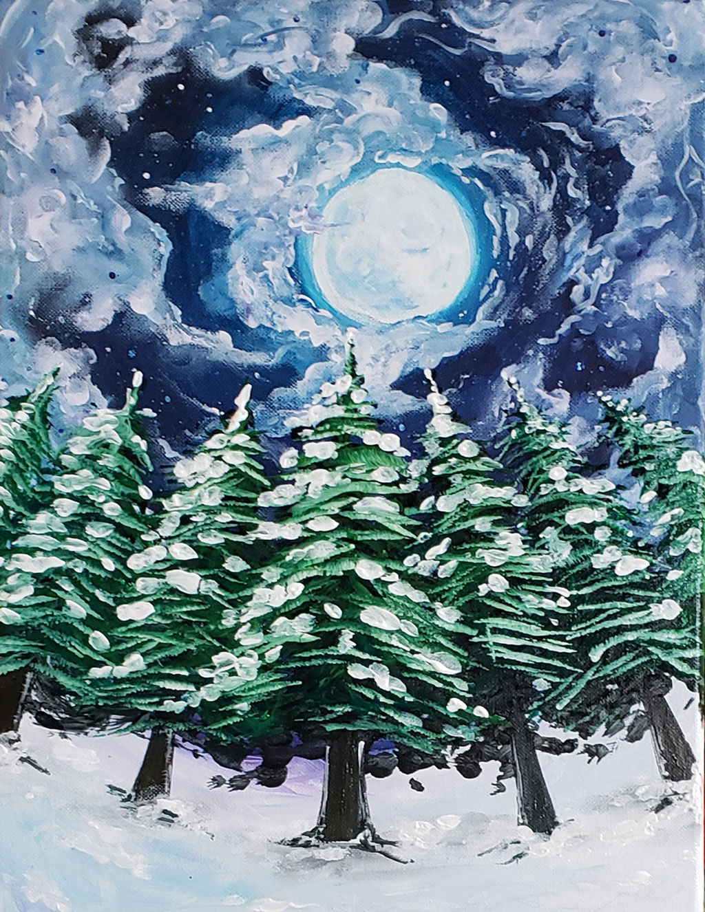 Painting of a full moon shines brightly among the clouds over a grove of pine trees covered in snow
