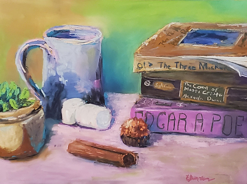painting of a display of a cinnamon stick, muffin, a mug, a succulent, and books, including the three musketeers, the count of monte carlo, and a book about edgar allan poe