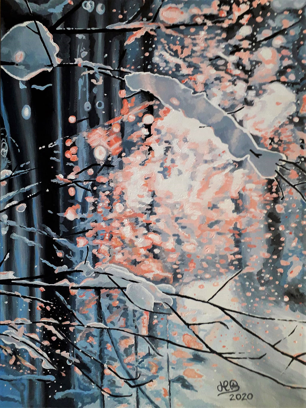 painting of a wintry scene of the woods featuring striking gray and black hues for the trees, gray splashes for snow, and pinks and whites that bring light and a glow of snow into the forest scene