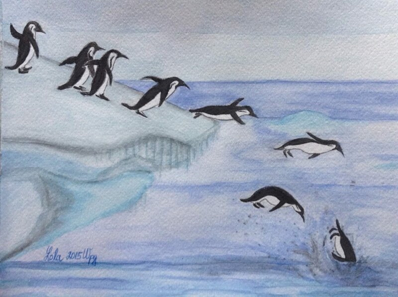 a group of penguins take turns jumping off a cliff of ice, this is how they fly