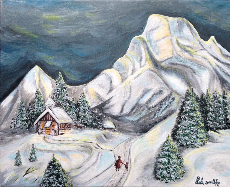 A cozy cabin nestles among a grove of pine trees against the backdrop of a huge mountain of ice