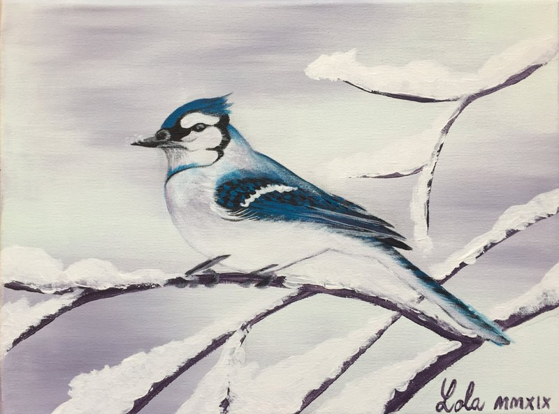 a painting of a bird with a white underbelly and blue, white, gray, and black feathers