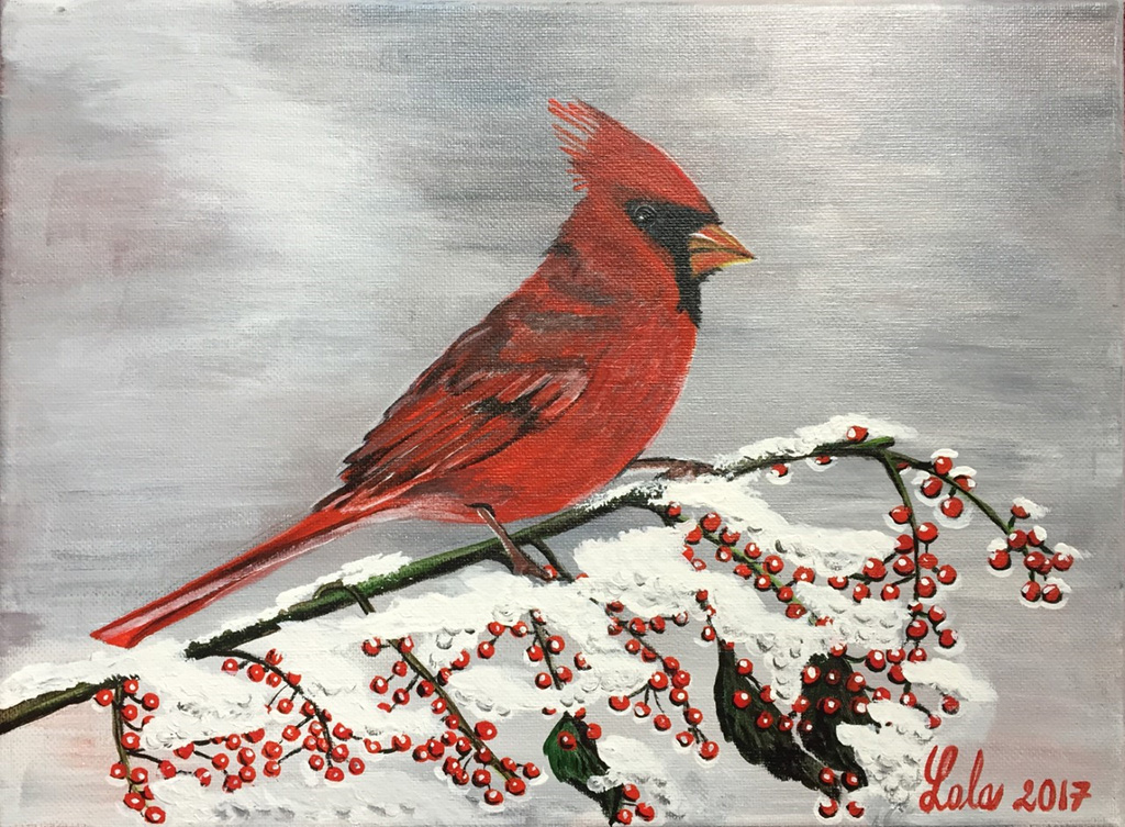 painting of a red cardinal on a branch of red berries covered in snow