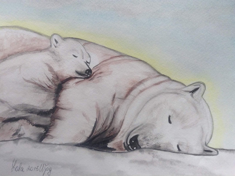 A baby polar bear asleep on a much older polar bear napping on the snow