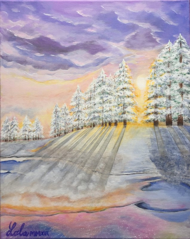The sun shines through a grove of pine trees covered a hill blanketed in snow, the sun lights up the sky yellow, orange, and pink with purple hues reflected in the clouds above