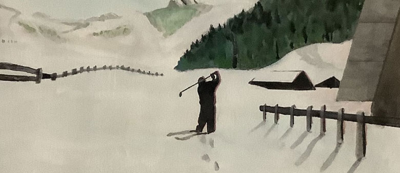 A person plays golf in the snow as they look out to the icy mountain tops beyond the pine grove