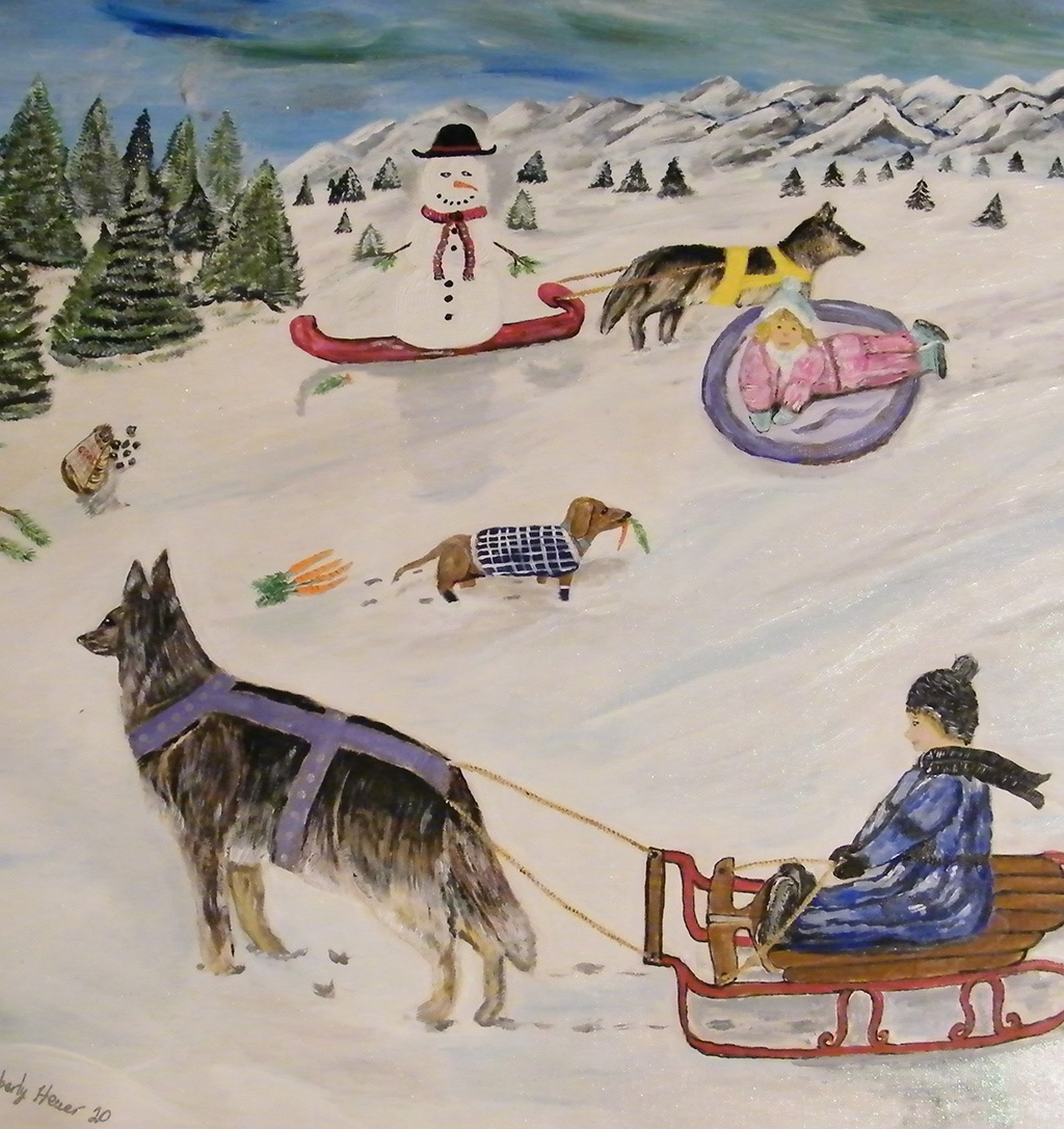 Painting of kids being pulled around playfully in the snow by sled dogs on a snow covered hill featuring a grove of pine trees and a snowman on its own sled