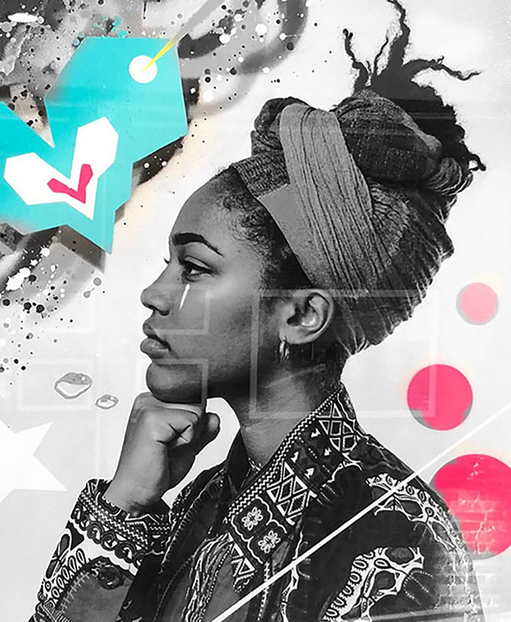 Black and white image of a woman wearing her locs in a headwrap and leaning her chin on one fist. The image is decorated with graphic images of hearts, spheres, and space dust
