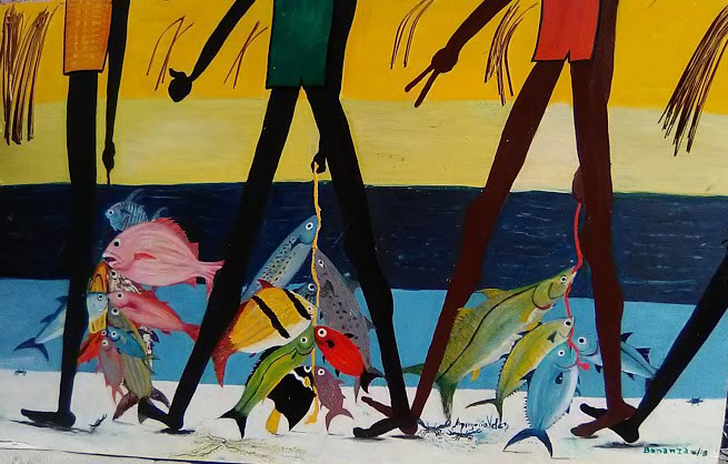 three fishermen carry fish along a beach