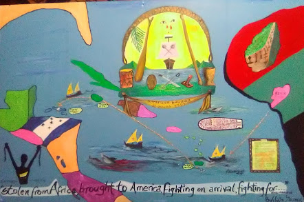 A visual representation of the Middle Passage experience between Africa and the Caribbean. Words at the bottom are a Bob Marley quote: Stolen from Africa, brought to America, fighting an arrival, fighting for