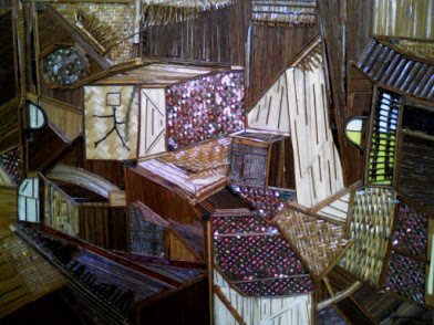 Abstract painting of geometric shapes, a human figure is drawn on a box