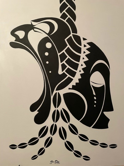 Drawing of two heads connected by the back of the skull, their eyes closed. The heads are hanging from a rope. Seed-pod like drawings extend from the bottom of heads, where the rope splits