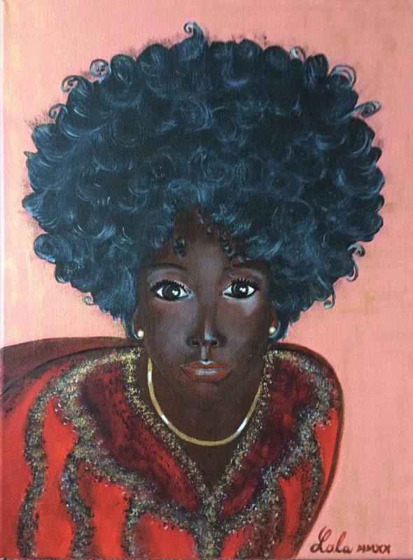 A painting of a Black woman with an afro leaning in