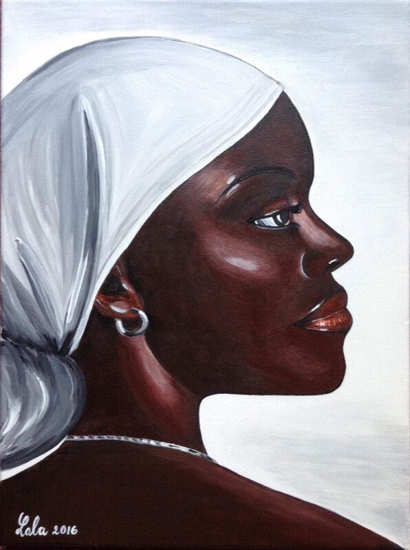 Painting of a side profile of a Black woman wearing a white headwrap