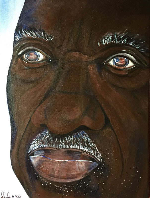 The reflection of the American flag is shown in the eyes of a Black man with gray and black eyebrows and beard