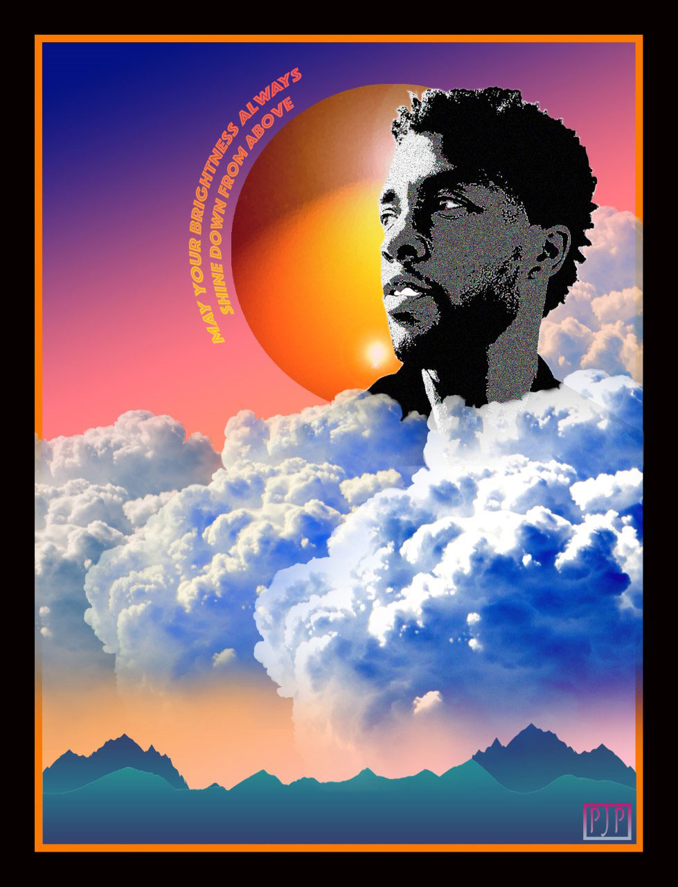 Image of Chadwick Boseman in the clouds, text reads: may your brightness always shine down from above