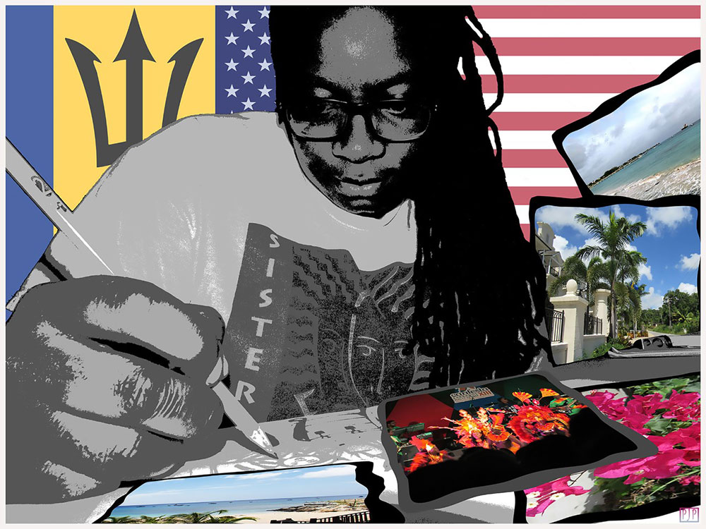 Image of a woman doing art behind her are the Barbados and American flags and images of town and beach scenes in Barbados