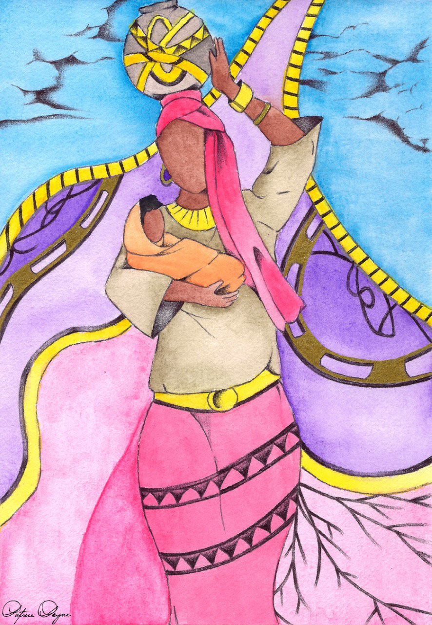Painting of a woman carrying a jug on her head while carrying a baby in her arms