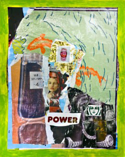 Collage of images, faces, and wrists with watches against a green background with orange markings. The word Power stands out at the bottom of the piece
