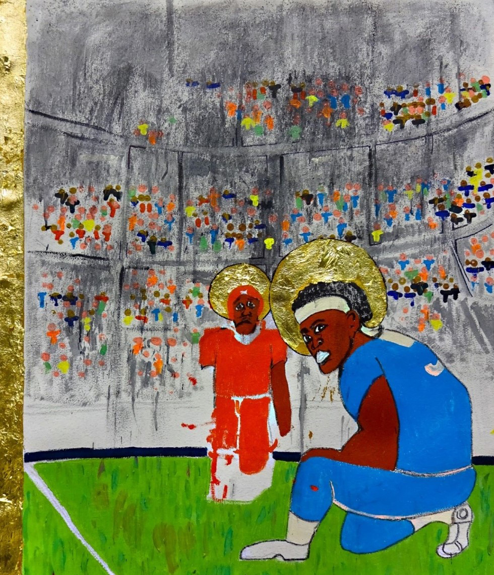 Two football players, with a golden halo around their head and one wearing red and the other wearing blue, kneel on a football field in front of a stadium packed with people