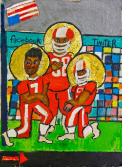 Two football players wearing red uniforms and the number 7 and 5 kneels in front of another player of the same team with the number 38. On a wall behind there are the words Facebook on one side and Twiter on the other. The American Flag is flipped upside down on the wall. All three players have golden halos around their head