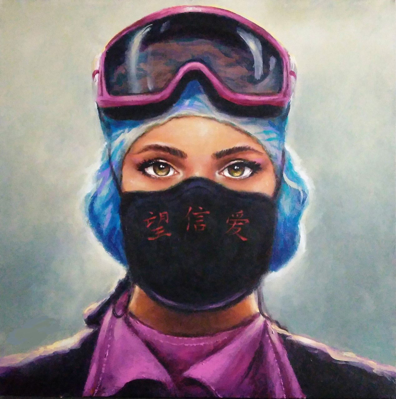 painting of a woman wearing a mask, a hair net, and goggles on her face