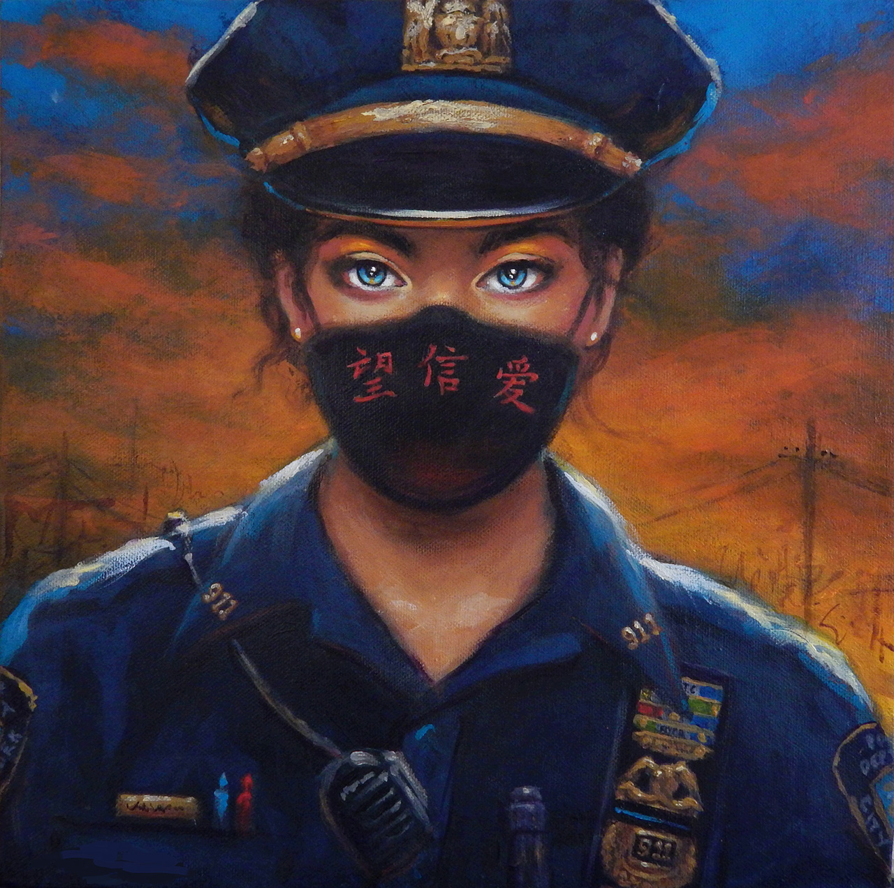painting of a policewoman wearing a mask