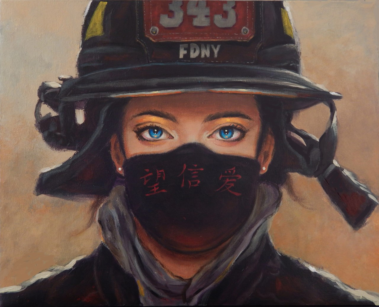 painting of a female fire fighter wearing a mask