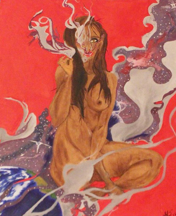 painting of a woman in nude smoking among a galaxy-like smoky scene
