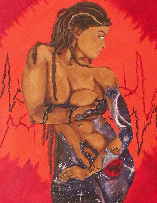 painting of a nude figure of a woman with locks looking out to her left, her body is becoming covered in a galaxy-like scene