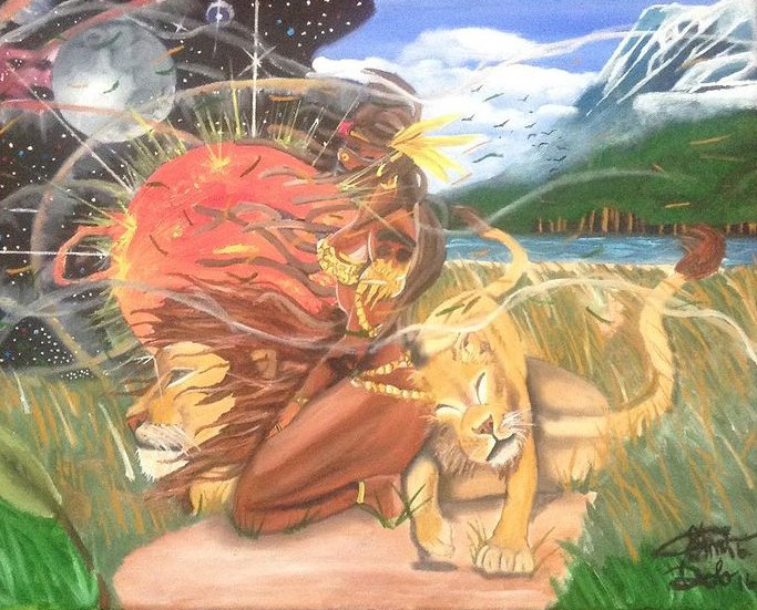earth meets the galaxy as a woman embraces a lion and a lioness