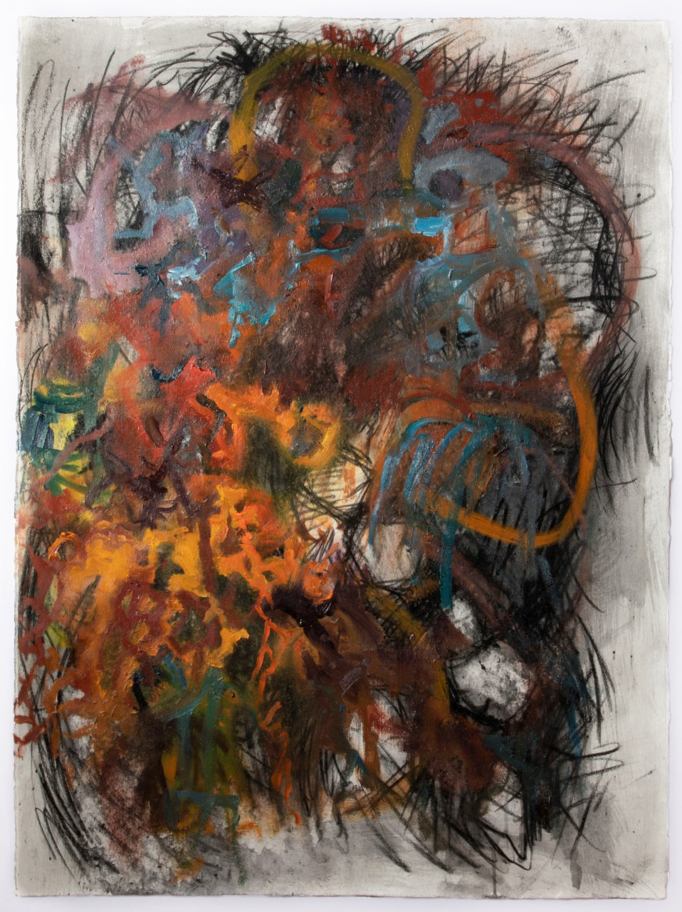 a painting with more orange strokes among blue and pink strokes with intense black markings scratched around the edges