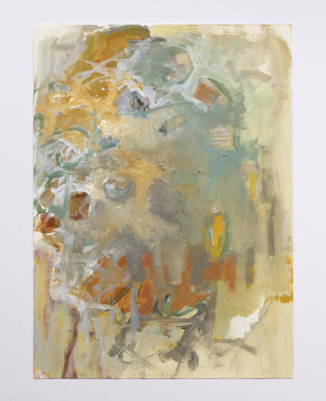 painting of patches and strokes of yellow, white, green, black, teal