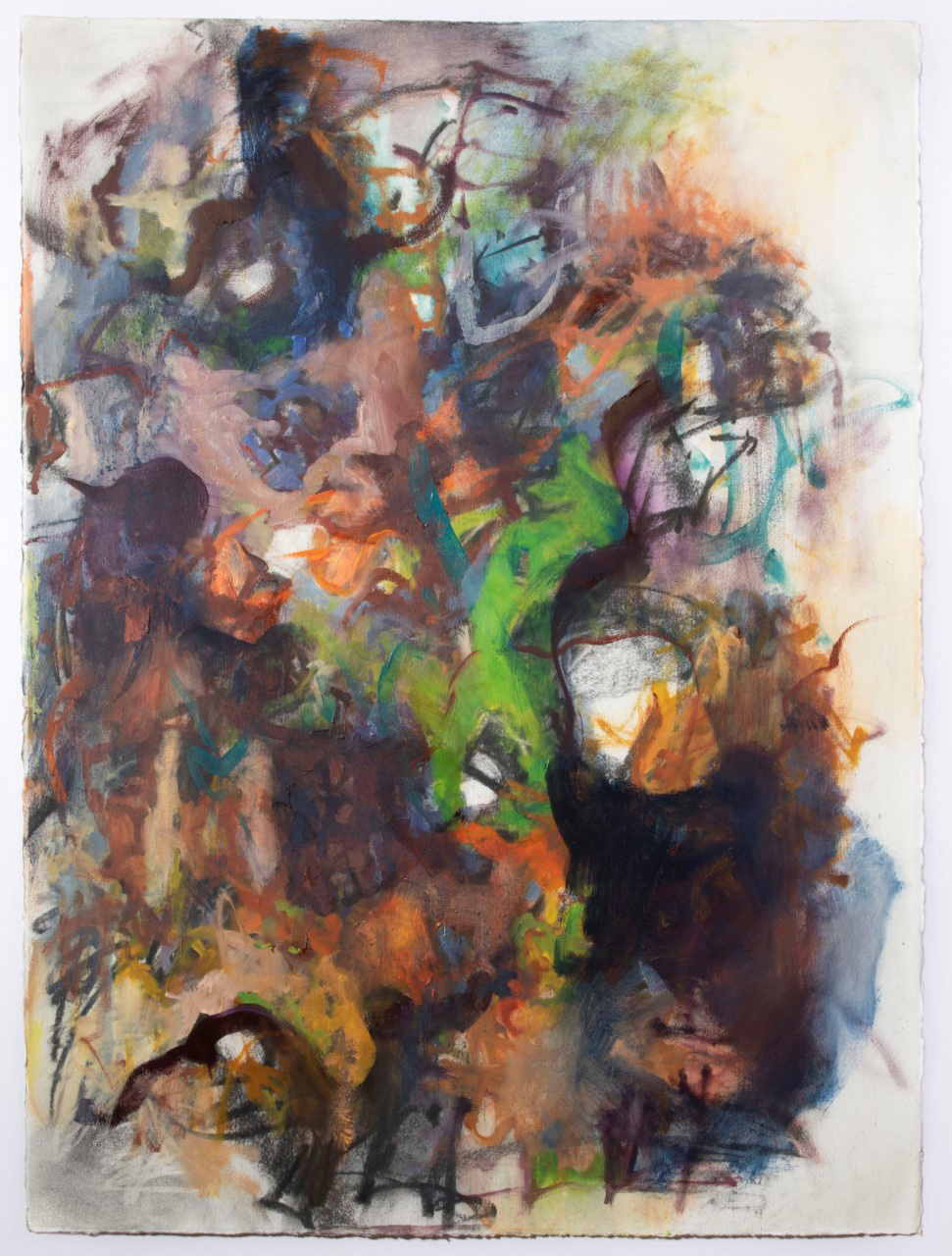 this painting has more blotches of black and deep purple between the green, blue, and orange strokes