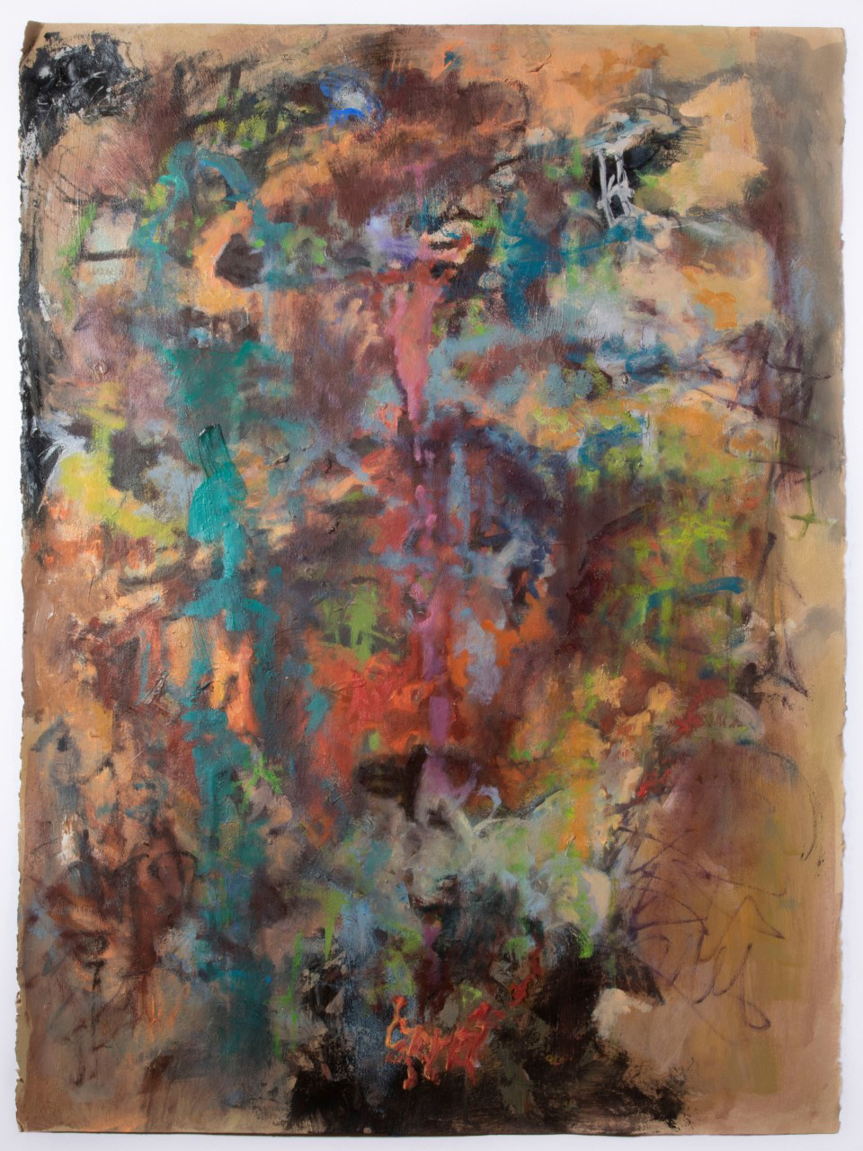 a painting with strokes of green, blue, pink, coral, tan, white