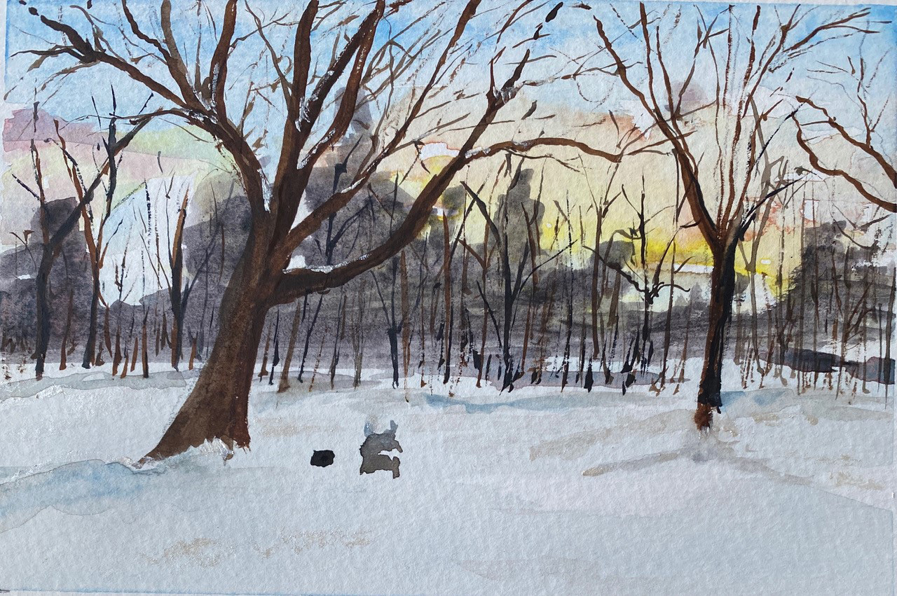 painting of a snow scene beyond the woods that show the sun setting behind the skyscrapers