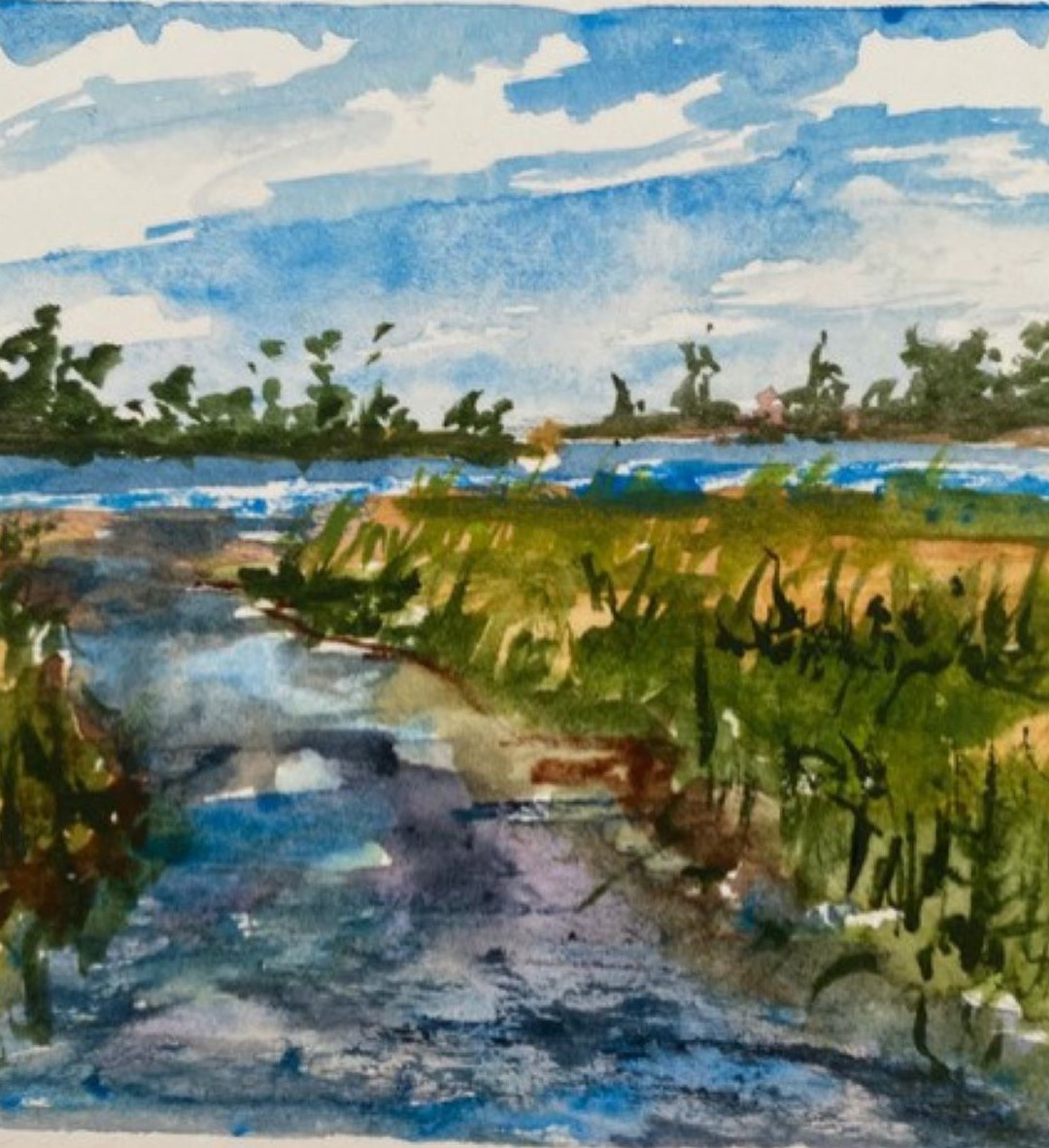 a pathway leads to a waterway surrounded by a marsh and trees