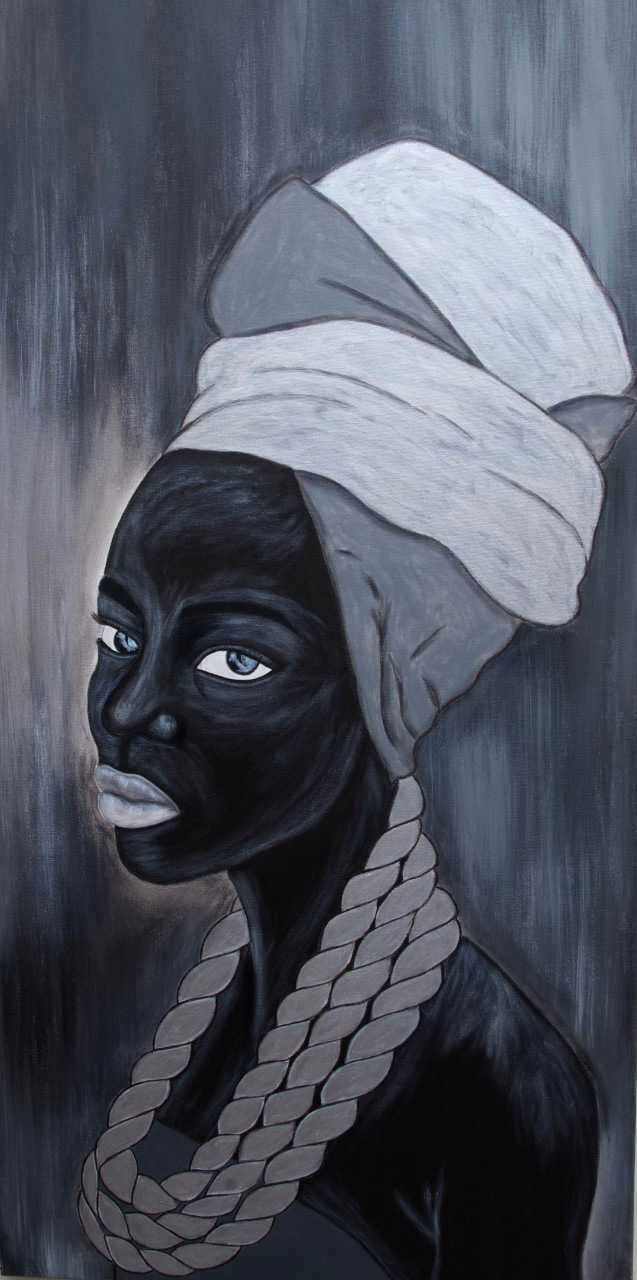 portrait of a woman with piercing eyes wearing a headwrap